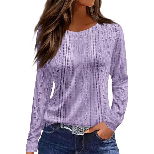 Women's Fashion Casual Slit Hem Round Neck Long Sleeve Loose Printed T-Shirt Ladies Top Purple L