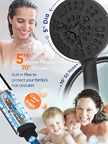 Pavezo Handheld High Pressure Shower Head With Filter 5" Large, Extra Long 70" Ss Hose 10-Mode Detachable Shower Head With Hard Water Filter For Bathroom, Powerful To Clean Tile & Pets, Matte Black #TOP4