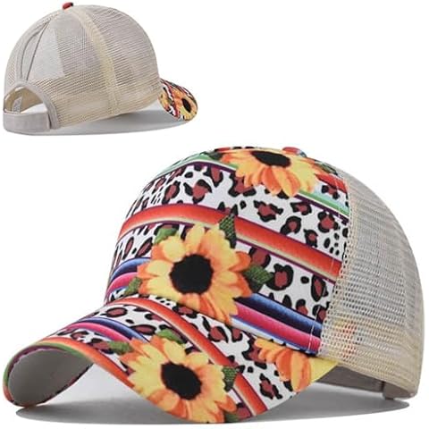 TONGSONG Print Top Hats for Women Baseball Caps with Mesh Back Trucker Hats Ponytail/High Messy Bun Ponycap Dad Hats (US, Alpha, One Size, Chrysanthemum Print Yellow) Cover