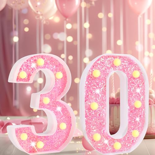 Vimlits Letrero de pared con luz LED rosa de 8.8 pulgadas, número 30, decoración de fiesta de cumpleaños glamorosa
