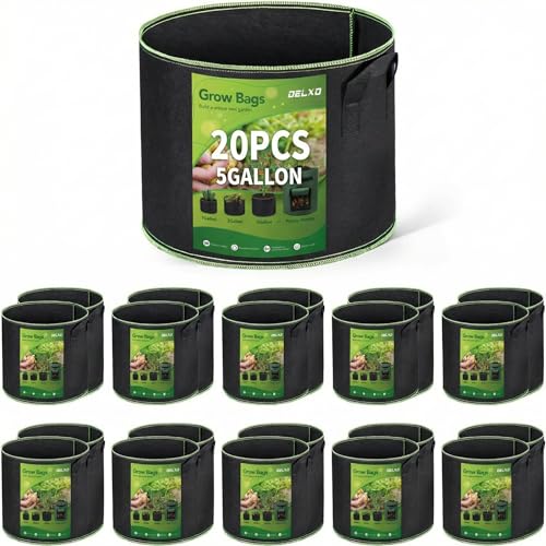 Delxo 20 Pack 5 Gallon Grow Bags Heavy Duty Aeration Fabric Pots Thickened Nonwoven Garden Plant Growing Bags with Handles for Planting