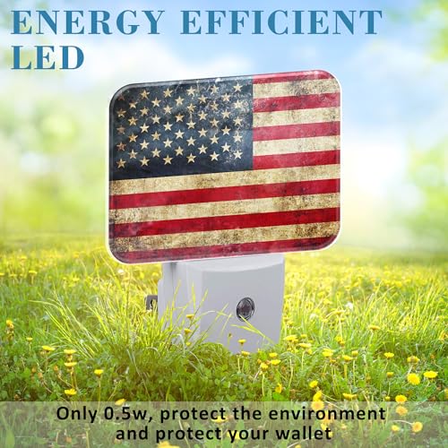 Image of Vintage American Flag Night Light for Kids Girls Boys, Retro USA Flag LED Night Light Plug into Wall with Dusk to Dawn Sensor for Room, Hallway, Kitchen, Bathroom, Stairs Decor