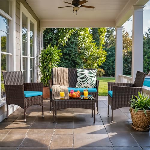 Image of Homall 4 Pieces Patio Rattan Chair Wicker, Outdoor Indoor Use Backyard Porch Garden Poolside Balcony Furniture Sets (Blue)