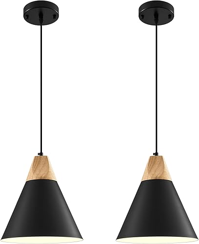 Miniatura 1 de Paquete de 2 lámparas colgantes negras, 9.4 pulgadas, lámpara colgante de granja, luces colgantes industriales, luces colgantes de cocina para