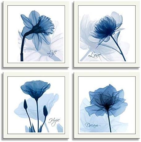 4 Panels Blue Flower Art Wall Decor - 12x12 Crystal Theme Giclee Paintings on Canvas for Home Bathroom Wall Decor