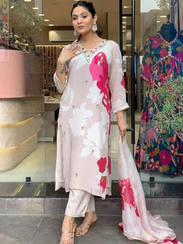 Image of Naixa Women's Natural Crepe Embroidered and Printed Straight Kurta with Pant and Dupatta Sets (M-Meghna)