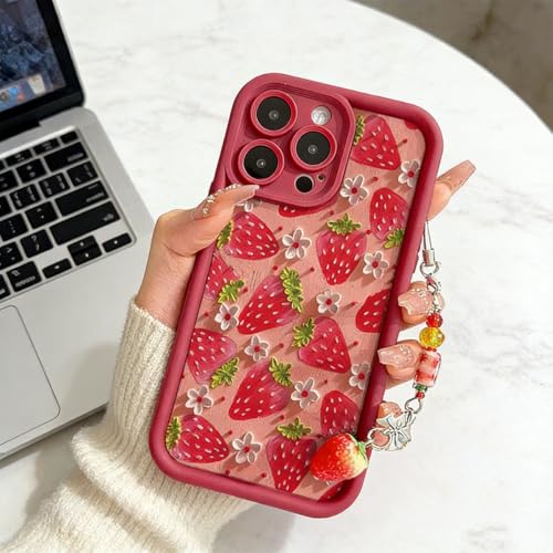 Coque silicone iPhone 16 Pro avec cordon chaîne fleur et pendentif fraise protecteur