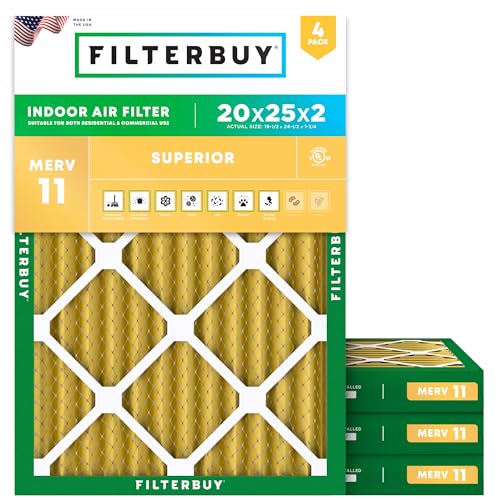 Filterbuy 20x25x2 Air Filter MERV 11 Superior Pet & Allergy Defense (4-Pack), Electrostatic Pleated HVAC AC Furnace Filters Replacement (Actual Size: 19.50 x 24.50 x 1.75)
