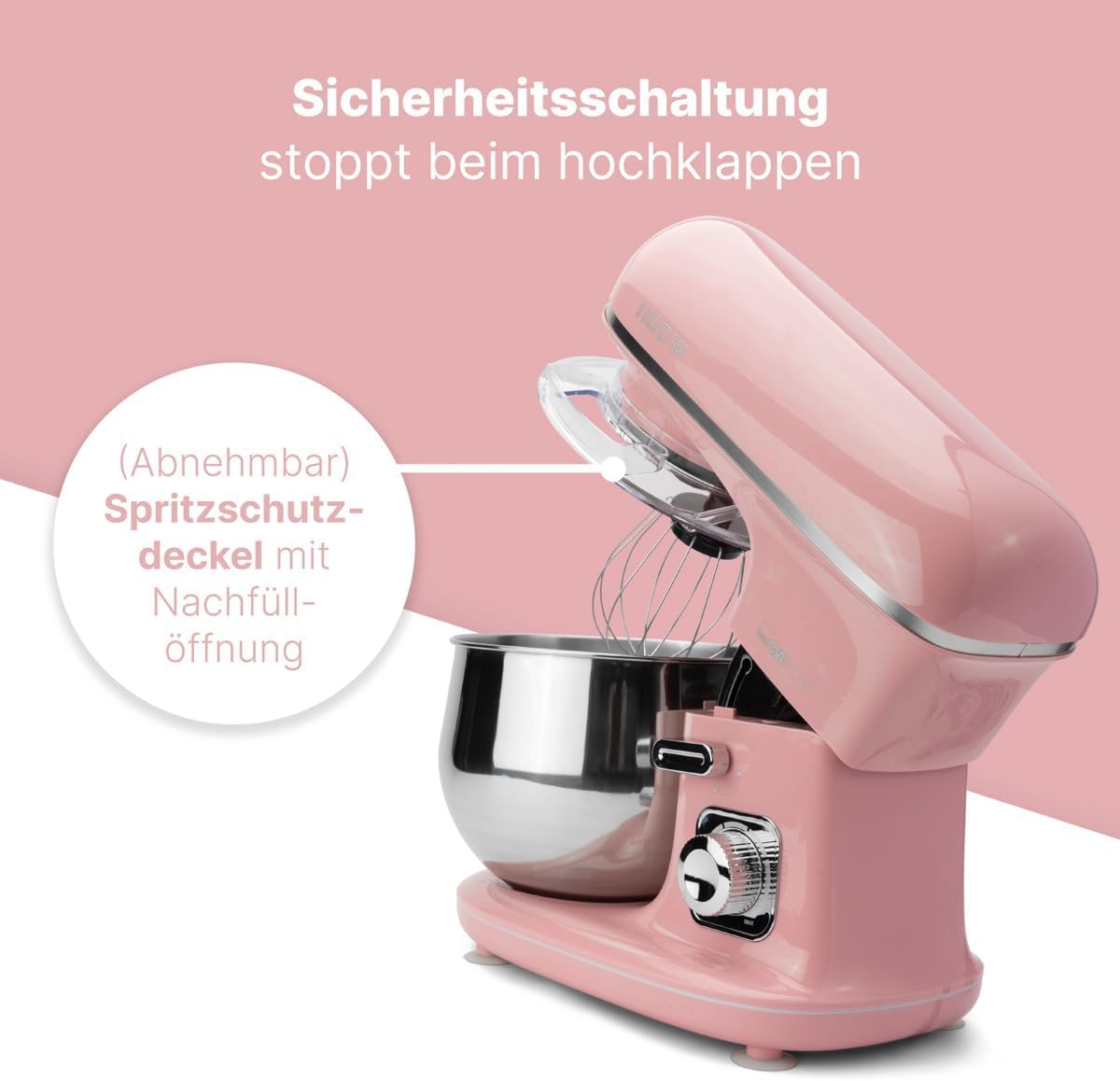 Clatronic® Küchenmaschine 1100 Watt | Knetmaschine 5L | inkl. Knethaken, Rührhaken und Schneebsen | für bis zu 3 kg Teig | robustes Spezialgetriebe | Food Processor | Teigmaschine KM 3711 pink