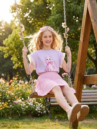 Image of Girls Ruffle Sleeves Shirt Cat Graphic Tee Cute Summer Short Sleeve Top for Teens 6-16Y
