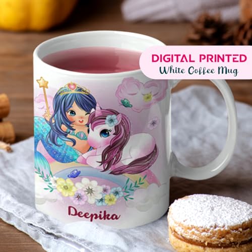 Image of Your Name Printed Mug with Mermaid Design - Customized Cup, Personalized Coffee Cup, Best for Girl Kids, Digital Printed | Gift for Girls | Kids Birthday