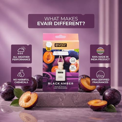 Image of Evair Car Air Freshener with Essential Oils Fragrance in Glass Bottle with Wooden Diffuser Lid | 10 ml - Pack of 1 (Black Amber)