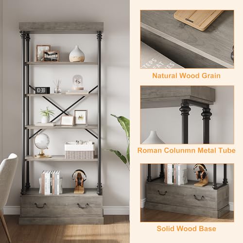GarveeHome 81.3" Bookshelf with Storage Drawer, Tall Bookcase w/Metal Frame, 5 Tier Vintage Bookshelf Industry Display Storage Shelf for Office Living Room Library Bedroom