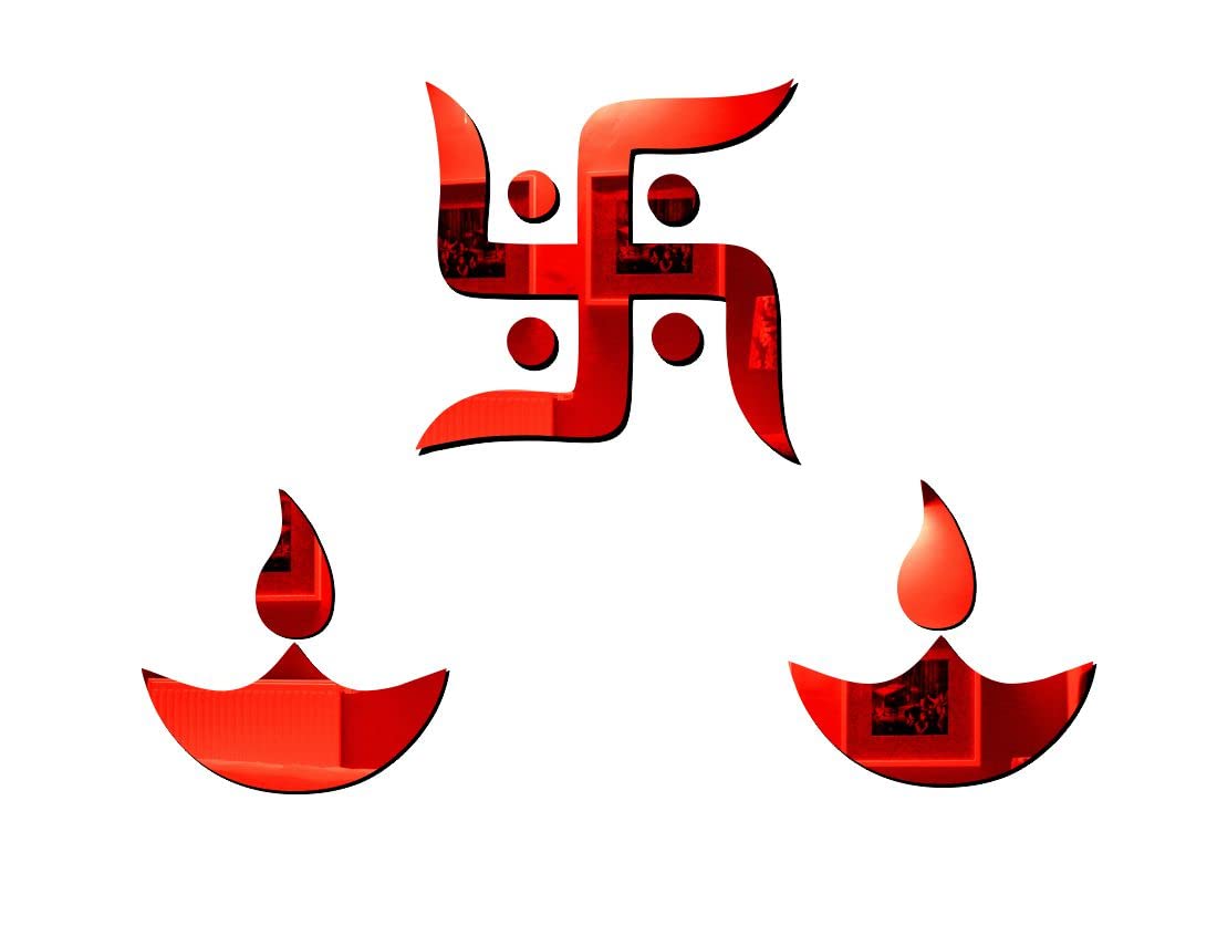 Asmi Collections Beautiful Swastik and 2 Diyas Self Adhesive 3D Acrylic Mirror Wall Stickers (Red)-image-44