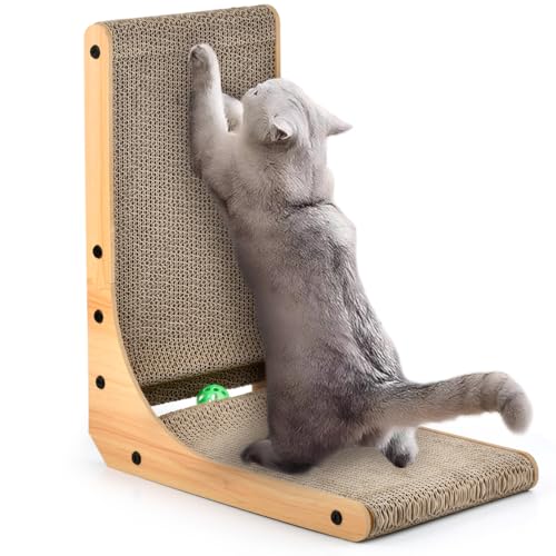 POUMUE Griffoir pour Chat en Forme de L, Griffoirs pour Chats de 47cm de Haut avec Jouets en Balle et Herbe à Chat, Haute Qualité Griffoirs en Carton,...