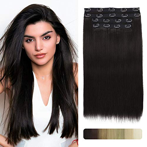 Sué Exquisite 4PCS 18 inches 200g Natural Black Long Straight Thick Hair Pieces Clip in on Hair Extensions Synthetic Fiber Double Weft Soft Hair for Women Full Head