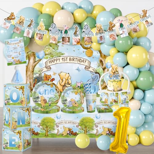 Winnie 1st Birthday Decorations Pooh Bear Balloon Arch Kit Banner Cake Decorations First Birthday Backdrop Pooh Plates And Napkins Set With 2 Pcs Tablecloth All-in-1 Vintage Winnie Party Supplies