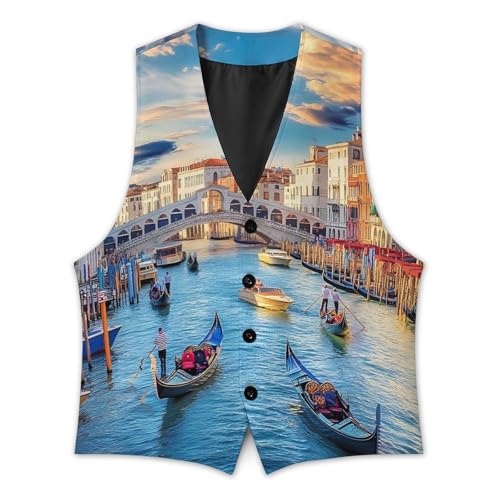 Rialto Bridge And Gondolas in Venice Mens Slim Fit Suit Vest Dress Waistcoat Casual Business Vest3