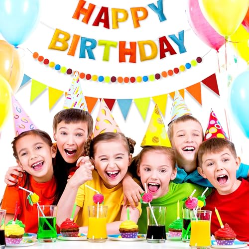 Image of CANREVEL Pre-Strung 3D Happy Birthday Banner, 3 PCS Blue Felt Garland, Pom Pom Garland, Triangle Fabric Bunting, Reusable Blue Birthday Decorations for Boys Men, Blue Orange