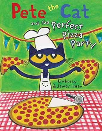 The cover of Kimberly and James Dean's book, Pete the Cat and the Perfect Pizza Party. A blue cat with big, yellow eyes is holding two slices of pepperoni pizza and wearing an apron and chef's fat. In front of him is a giant pepperoni pizza on a checkered table cloth.