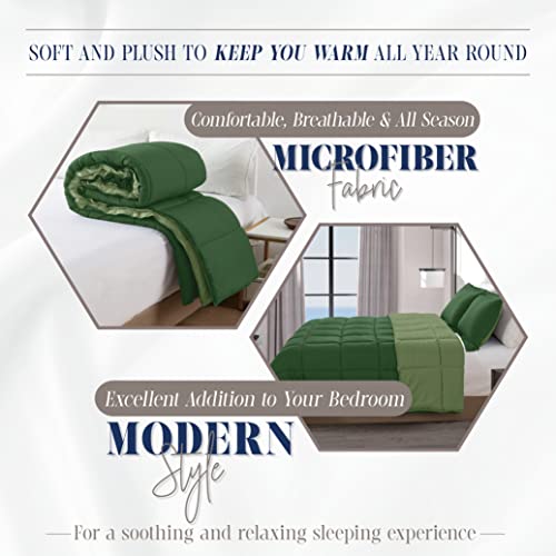 Image of Elegant Comfort 3-Piece Reversible Comforter Set, All Season Cozy, Soft Down Alternative, Quilted - Box Stitched - Duvet Insert with 4 Corner Tabs, Comforter with Shams, Twin XL, Hunter Green /Sage