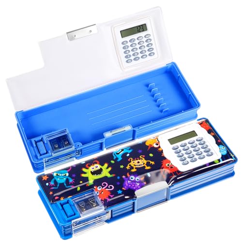 Henoyso Caixa de lápis multifuncional para meninos, estojo de microorganismos com calculadora e apontador, estojo bonito e legal, material escolar, presente de Natal, aniversário, presente para