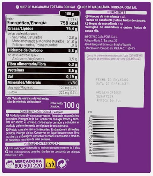 Noci di Macadamia Tostate con Sale, Sgusciate Intere, Naturale, 100g, pack 3