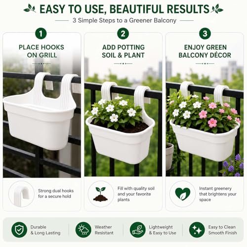 Image of Go Hooked 12 Inch Plastic Railing Hanging Planter Pot Set of 3 | Rectangular Flower Pots with Double Hook for Garden Fence Balcony Indoor Outdoor Home Decor | Durable Plant Container (White)