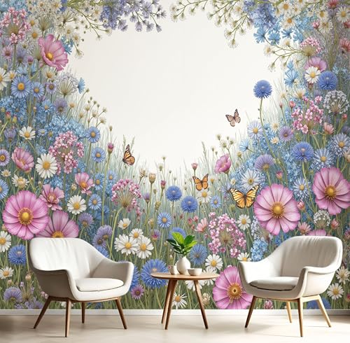DACRWEKZ Papel Pintado Estampado de Flores silvestres y mariposas, Papel Pintado Pared Acuarela pintada a mano Decorativos del Hogar, para Salon Dormitorio Decoracion Pared, 200x140cm azul y rosa