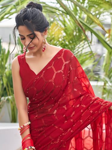 Image of Satrani Women's Georgette Sequence Work Saree with Unstitched Blouse Piece