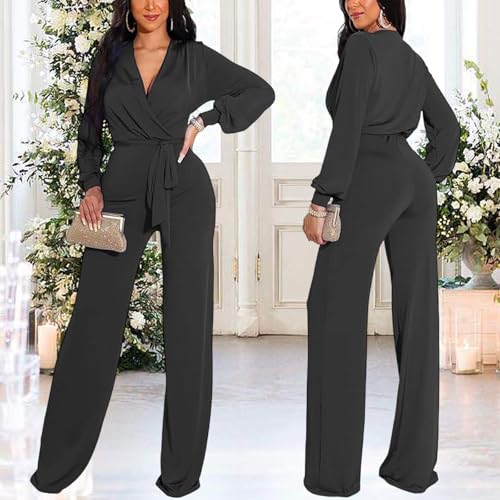 Image of shengfan Formal Jumpsuits for Women Dressy Evening Sexy Deep V Neck Plus Size Long Wide Leg Pants Rompers Clubwear