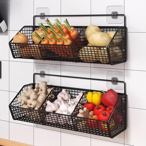 DXQCHDUO Obstkorb aus Metall zum Aufhängen für Küchenwand, 3 Gitter, Metalldraht, Obst- und Gemüsekörbe, Badezimmer-Wand-Aufbewahrungskorb, rostbeständig, stabile Obst- und Gemüsekörbe (schwarz)
