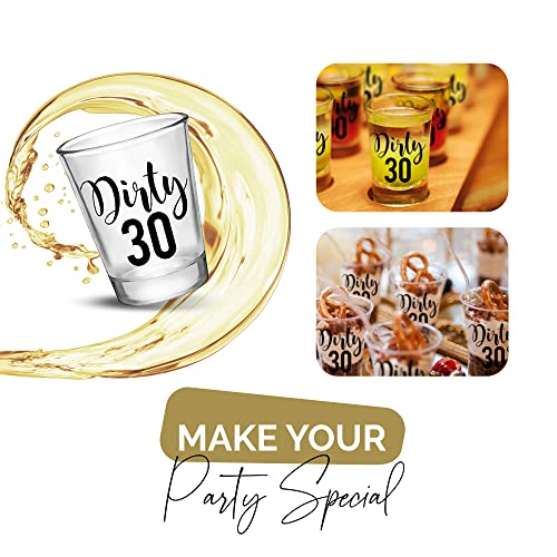 Image of Your Dream Party Shop Dirty 30 Shot Glasses, Reusable 30th Birthday Favors, Set of 12, 1.75 oz - Perfect for Dirty 30 Birthday Decorations, 30th Birthday Party Favors, Available in Glass and Plastic