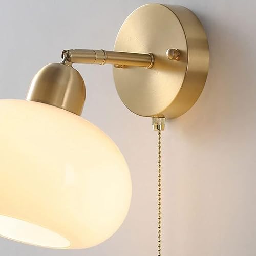 Miniatura 6 de Mid Century Modern Brass Wall Sconce with Milk Glass Shade Vintage Copper Finish Adjustable Farmhouse Bedside Lamp Pull Chain Switch for Bedroom