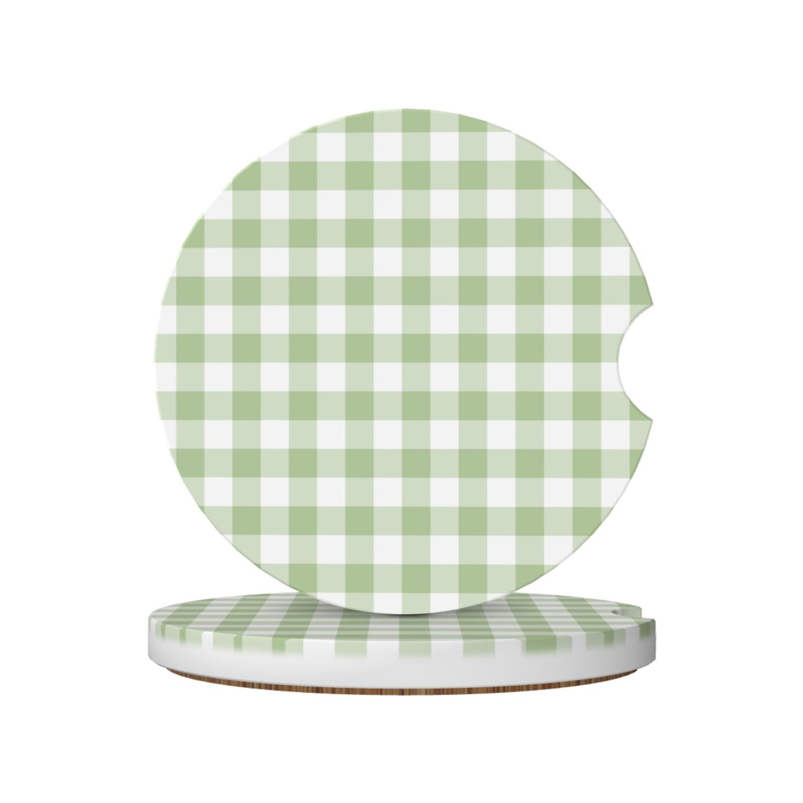 Sage Green Linen Plaid, Car Cup Holder Coasters 2 Pack, Absorbent Ceramic Car Coasters with Non Slip Cork Base