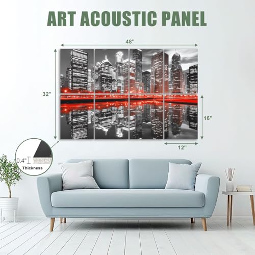 8 Pack Paneles Acústicos Decorativos Absorbentes de Sonido Vista Nocturna de Chicago Skyline en Negro y Rojo 48"x32" miniatura 2