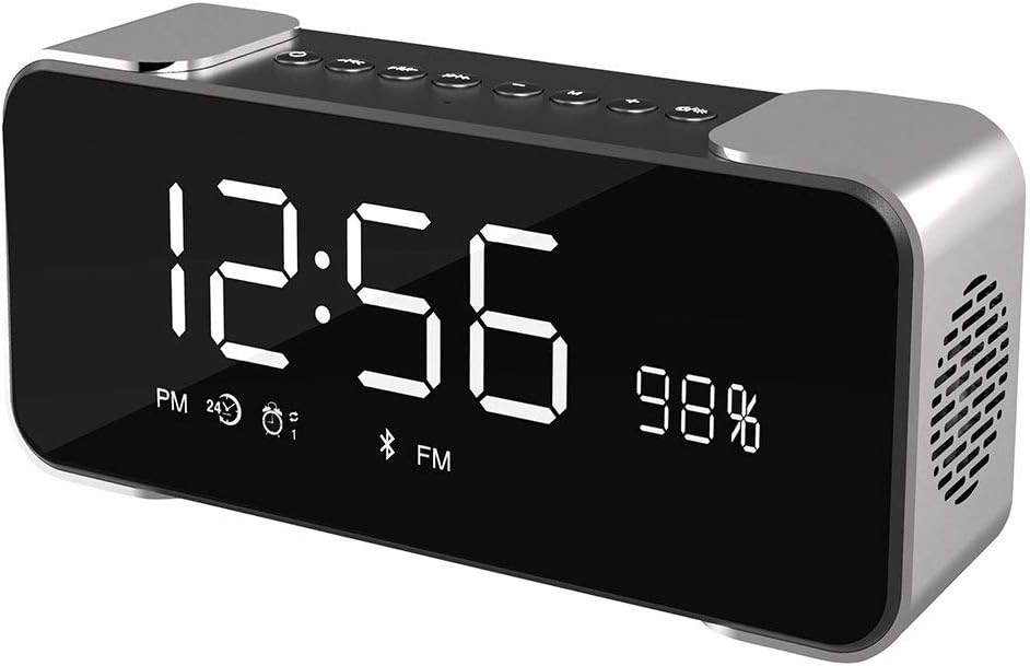 Bluetooth Speakers Portable Wireless Stereo Hi-Fi Speaker with Alarm Clock Built-in Mic FM Radio LED Light and Hands-Free HD Bass and Sound for iPhone Mac Computer, Gift(Metal)