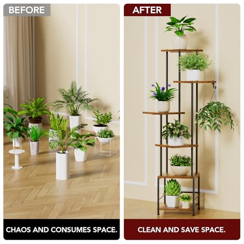 Image of Homsorout Plant Stand Indoor with Grow Light - 6-Tier Metal Plant Shelf with Hanging Basket Hook, Corner Tall Flower Holder for Multiple Plants, Living Room Balcony Garden Patio, Rustic Brown