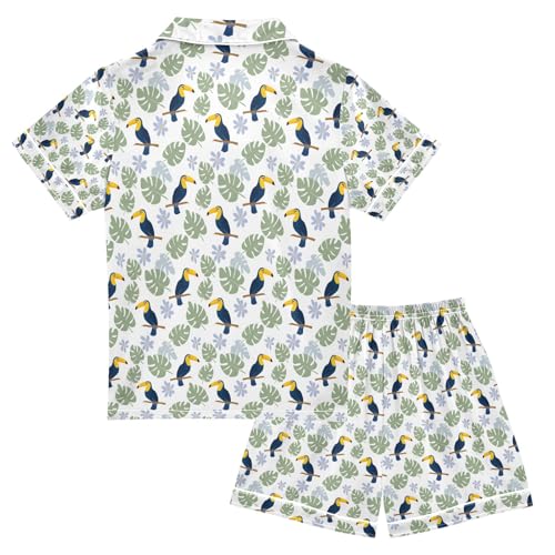 Toucan Bird Pattern Summer Pajamas Set Short Sleeve Button-Up Top Shorts 2PC Satin Sleepwear2