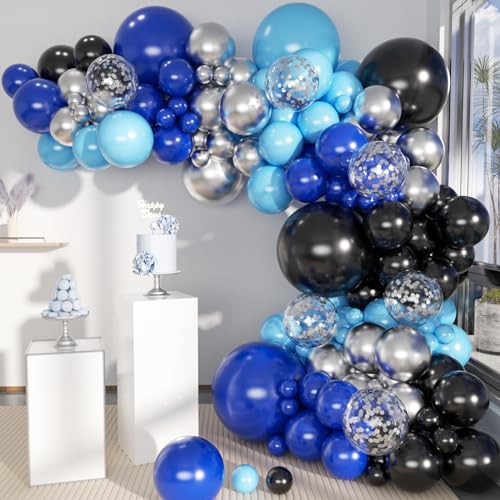 Image of MEBAY Blue Silver Black Balloons Garland Arch Kit, 146 Pcs Royal Light Blue Metallic Confetti Silver Balloons for Baby Shower Graduation Anniversary Retirement Birthday Party Decoration