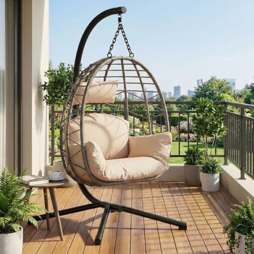 Garvee Fauteuil Suspendu Aria en Rotin Synthétique – Chaise Balancelle Élégante avec Coussin Épais, Hauteur Réglable et Structure Stable, pour...