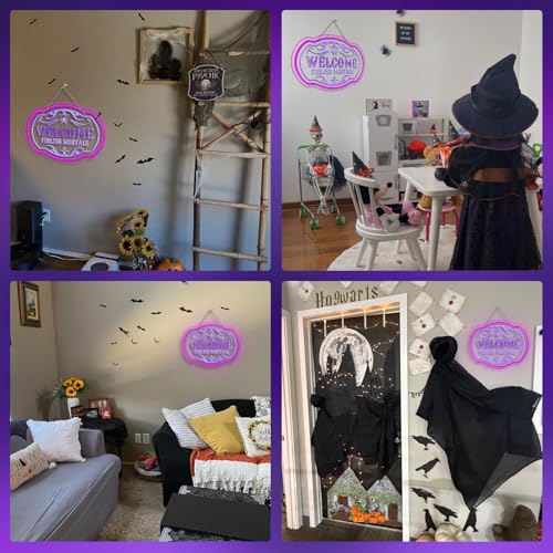 Image of Welcome Foolish Mortals Neon Sign Halloween LED Light Up Sign for Halloween | Haunted mansion style wall decor, spooky neon light for halloween parties, horror bars, theme rooms, adjustable brightness