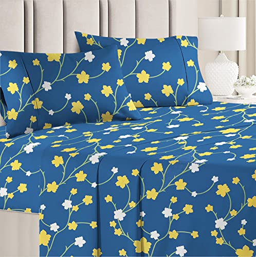 Image of BSB HOME 100% Microfiber Flat Double Bedsheets with 2 Pillow Covers | Double Bed Breathable | Wrinklefree | Ultrasoft 144 TC Supersoft |88 inch x 88 inch or 225x228 | Floral- Blue & Yellow