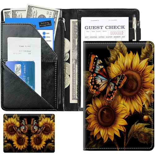 Butterfly Sunflowers Cute Server Books for Waitress, Leather Waiter Book Server Wallet with Zipper Money Pocket, 5 * 8 Waitress Ticket Book Holder Restaurant Waitstaff Organizer with Pen Holder Fit