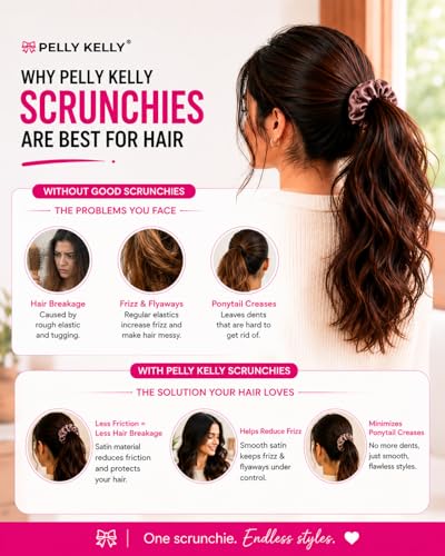Image of Luxury Satin Scrunchies Set for Women, Girls | Anti-Hair-Breakage Hair Ties for Ponytails & Buns | Medium Size | Pack of 5