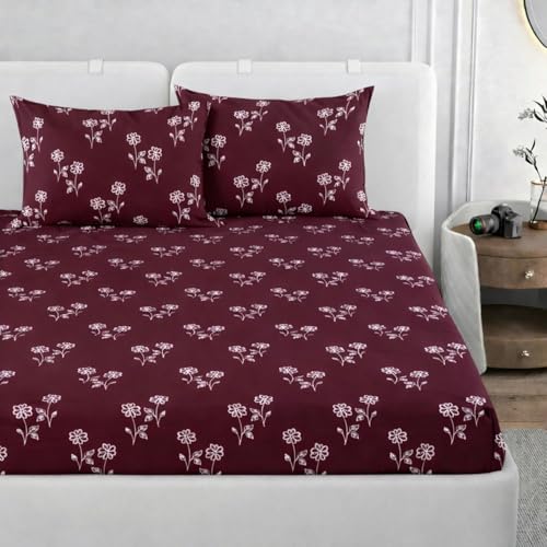 Image of Elastic Fitted King Size Bedsheet Cotton for Double Bed | 72 inchx78 inch +10 Inch, Floral, Soft & Breathable, Fade & Shrink Resistant, 2 Pillow Covers | Ruby Blossom Trail, Wine Maroon