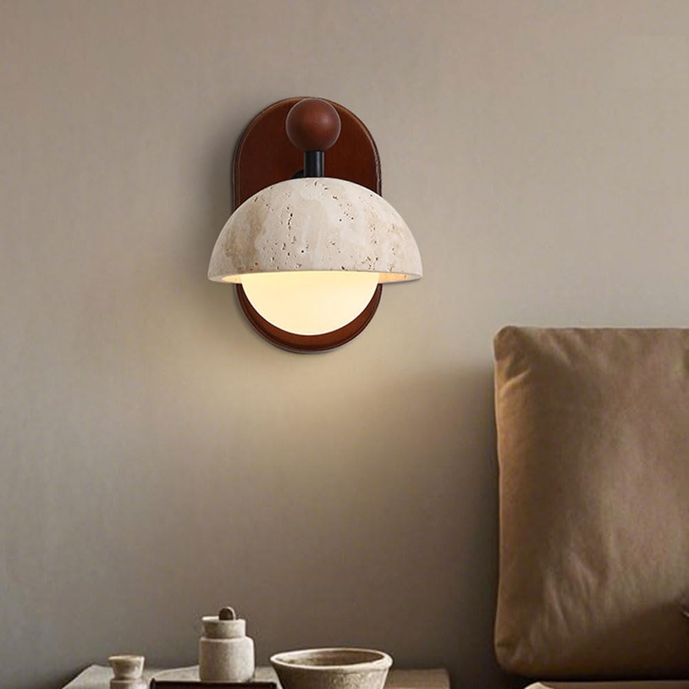 Applique da Parete con Paralume sferico in Vetro, Stile Industriale, in travertino Giallo, con Base in Legno e Pietra Naturale, Ideale per Decorare ristoranti, soggiorni e camere da Letto.