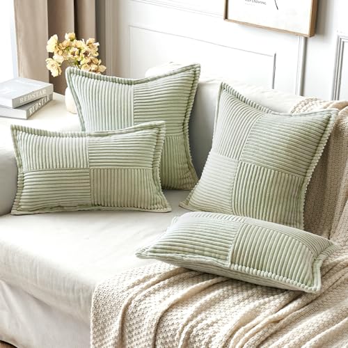 Image of MIULEE Spring Decorative Throw Pillow Covers for Couch Bed Livingroom 18x18 Inch Set of 2 Light Green Boho Accent Throw Pllows Broadside Striped Patchwork Soft Corduroy Summer Pillowcases