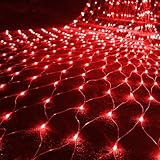 WATERGLIDE Outdoor Christmas Net Lights, 12FT x 5FT 360 LED Mesh String Light with 8 Lighting Mode, Connectable Waterproof Lights for Garden Tree Bushes, Valentines Wedding Party Decorations, Red