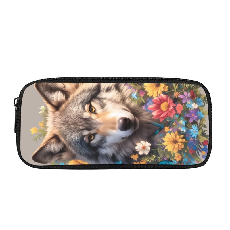 Kuiaobaty Wolf Flowers Pencil Case Girls Pen Box School Pencil Pouch, Wolves Floral Pen Bag Zipper — image 1